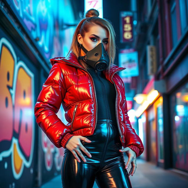 A hot slim girl with big boobs confidently posing in a shiny red tight puffer jacket that accentuates her curves