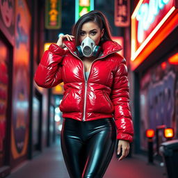 A hot slim girl with big boobs confidently posing in a shiny red tight puffer jacket that accentuates her curves