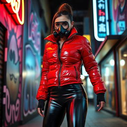 A hot slim girl with big boobs confidently posing in a shiny red tight puffer jacket that accentuates her curves