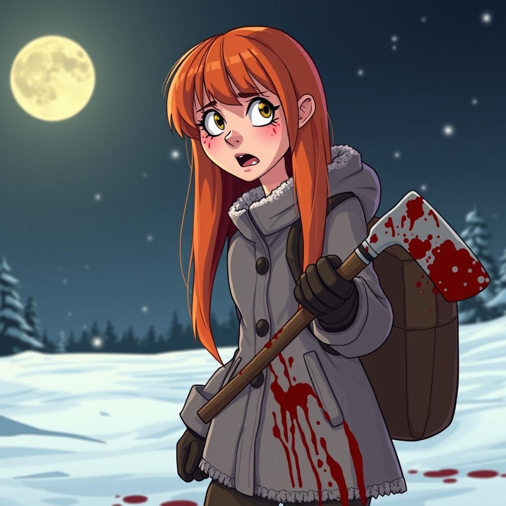 A cartoon horror slasher film scene titled "Dog Day Hour" featuring a beautiful young woman with long orange-red hair and bangs, dressed in a winter coat, boots, and winter gear