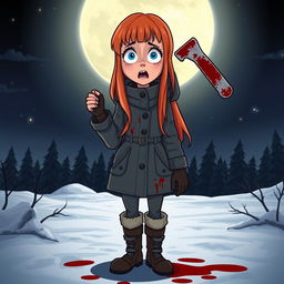A cartoon horror slasher film scene titled "Dog Day Hour" featuring a beautiful young woman with long orange-red hair and bangs, dressed in a winter coat, boots, and winter gear