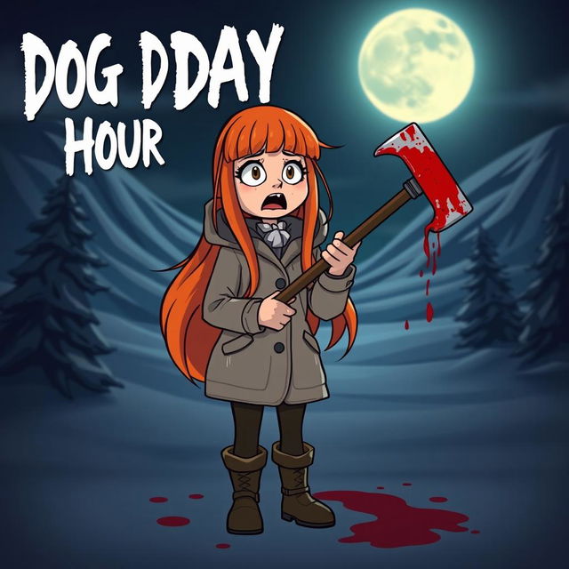 A cartoon horror slasher film scene titled "Dog Day Hour" featuring a beautiful young woman with long orange-red hair and bangs, dressed in a winter coat, boots, and winter gear