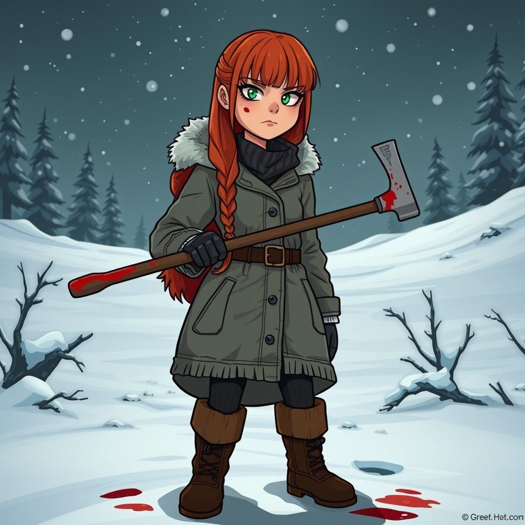 A cartoon horror slasher film scene titled "Three Dog Night" featuring a beautiful young woman with long orange-red hair and bangs, clad in a thick winter coat, boots, and winter gear