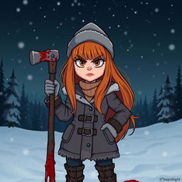 A cartoon horror slasher film scene titled "Three Dog Night" featuring a beautiful young woman with long orange-red hair and bangs, clad in a thick winter coat, boots, and winter gear