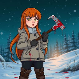 A cartoon horror slasher film scene titled "Three Dog Night" featuring a beautiful young woman with long orange-red hair and bangs, clad in a thick winter coat, boots, and winter gear