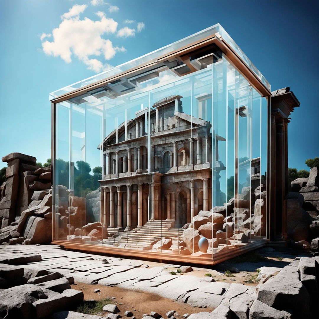 A high-quality digital render of a crumbling Roman ruin, with a modern glass box structure retrofitted into it