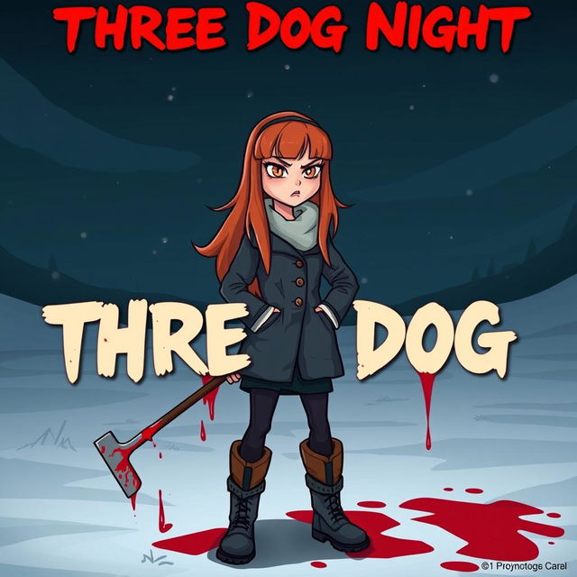 A cartoon-style horror slasher film poster titled "Three Dog Night" featuring a young woman with long, beautiful orange-red hair and bangs