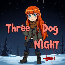 A cartoon-style horror slasher film poster titled "Three Dog Night" featuring a young woman with long, beautiful orange-red hair and bangs
