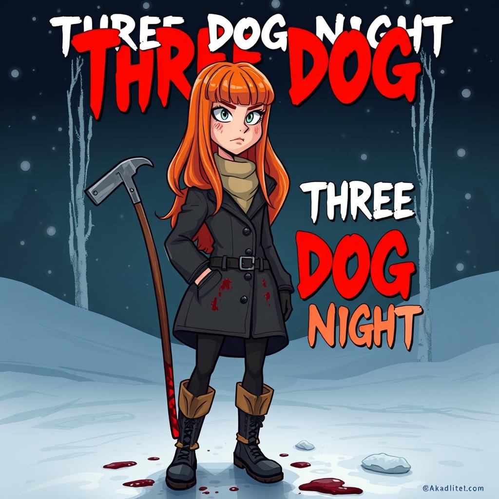 A cartoon-style horror slasher film poster titled "Three Dog Night" featuring a young woman with long, beautiful orange-red hair and bangs