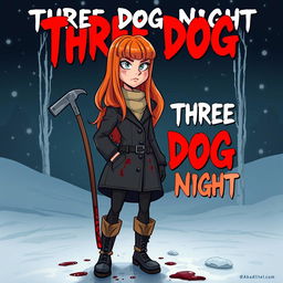 A cartoon-style horror slasher film poster titled "Three Dog Night" featuring a young woman with long, beautiful orange-red hair and bangs