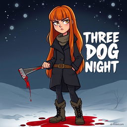 A cartoon-style horror slasher film poster titled "Three Dog Night" featuring a young woman with long, beautiful orange-red hair and bangs
