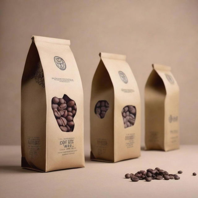 Three distinct packages of coffee beans designed with a rustic aesthetic