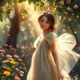 A captivating and enchanting scene featuring a charming person with an engaging smile, surrounded by a magical garden filled with colorful flowers and soft, gentle lights
