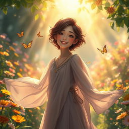 A captivating and enchanting scene featuring a charming person with an engaging smile, surrounded by a magical garden filled with colorful flowers and soft, gentle lights