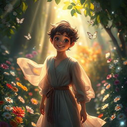 A captivating and enchanting scene featuring a charming person with an engaging smile, surrounded by a magical garden filled with colorful flowers and soft, gentle lights