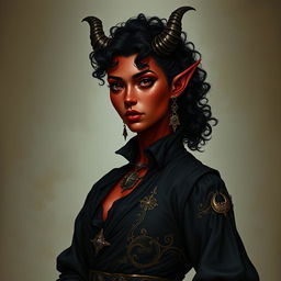 A tall, strong tiefling woman, embodying grace and power with a sturdy build