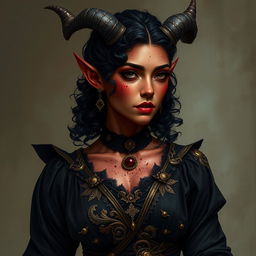 A tall, strong tiefling woman, embodying grace and power with a sturdy build