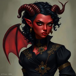 A tall, strong tiefling woman, embodying grace and power with a sturdy build