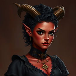 A tall, strong tiefling woman with a sturdy build, exuding grace and power