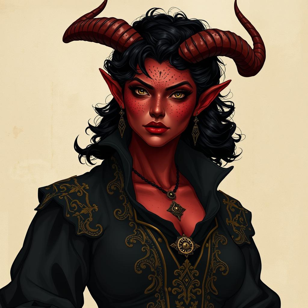 A tall, strong tiefling woman with a sturdy build, exuding grace and power