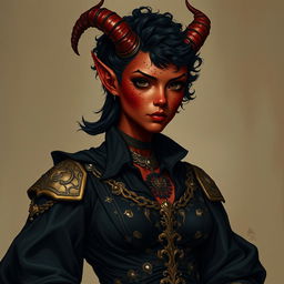 A tall, strong tiefling woman with a sturdy build, exuding grace and power