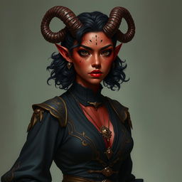 A tall, strong tiefling woman with a sturdy build, exuding grace and power