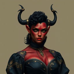 A tall, strong tiefling woman with a sturdy build, radiating both grace and power
