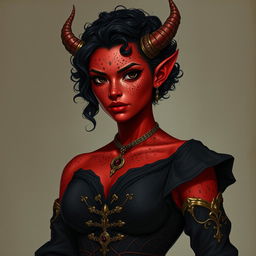 A tall, strong tiefling woman with a sturdy build, radiating both grace and power