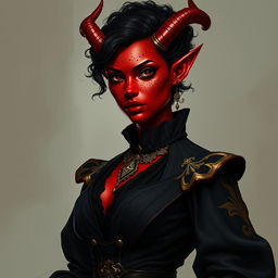 A tall, strong tiefling woman with a sturdy build, radiating both grace and power