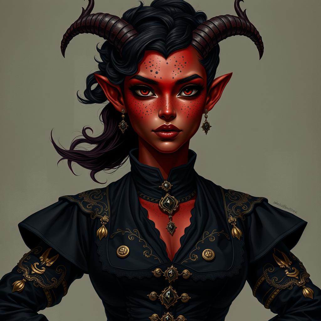 A tall, strong tiefling woman with a sturdy build, radiating both grace and power