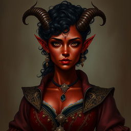 A tall, strong tiefling woman with a sturdy build, radiating both grace and power