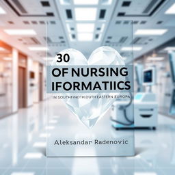 An A4 book cover design showcasing a modern healthcare theme with an emphasis on digital future, featuring a prominent white crystal heart symbolizing compassion and care in nursing
