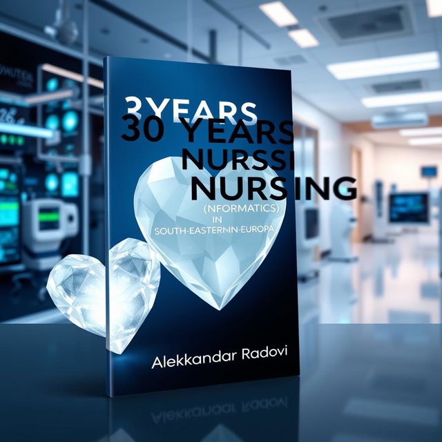 An A4 book cover design showcasing a modern healthcare theme with an emphasis on digital future, featuring a prominent white crystal heart symbolizing compassion and care in nursing