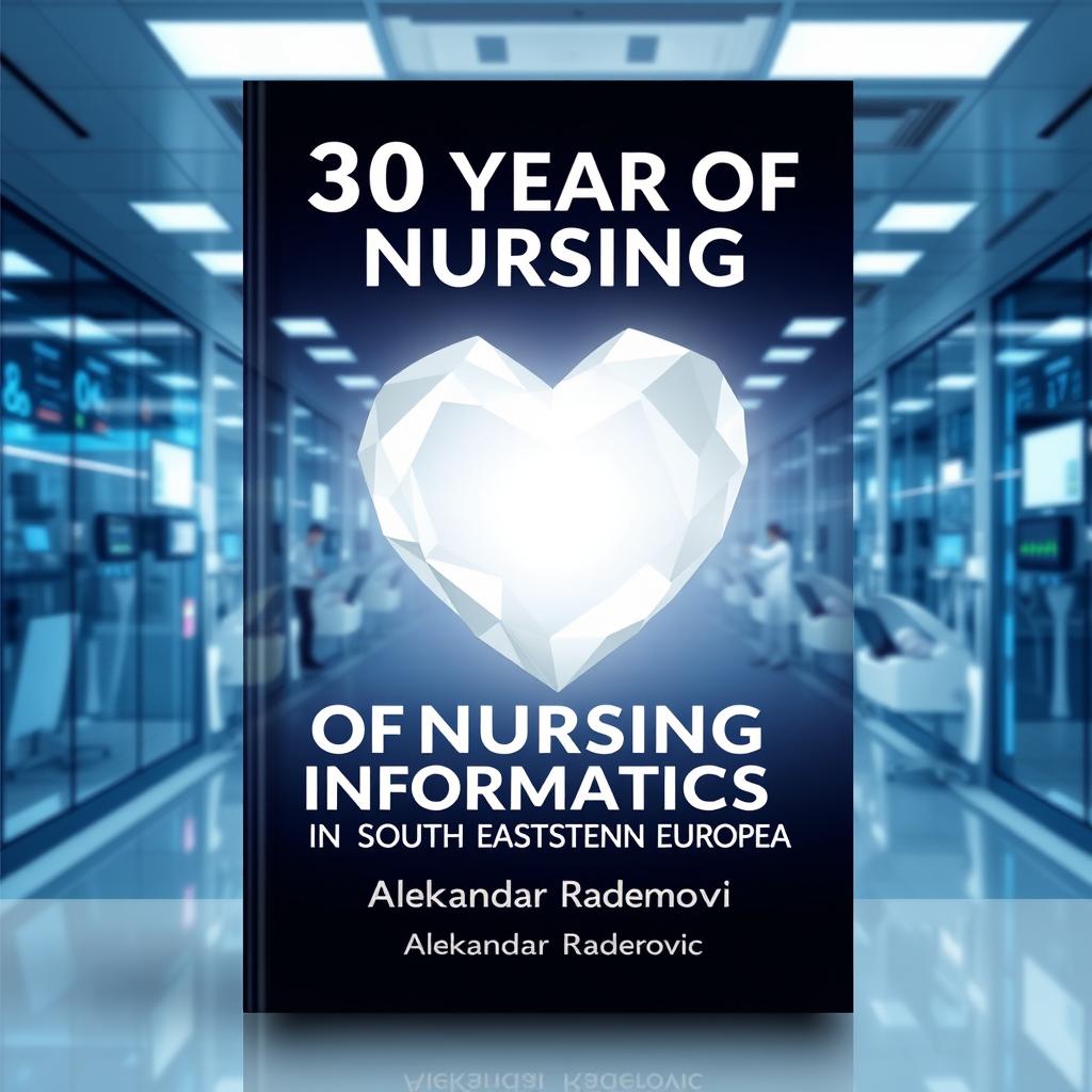 An A4 book cover design showcasing a modern healthcare theme with an emphasis on digital future, featuring a prominent white crystal heart symbolizing compassion and care in nursing