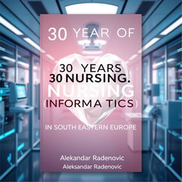 An A4 book cover design showcasing a modern healthcare theme with an emphasis on digital future, featuring a prominent white crystal heart symbolizing compassion and care in nursing
