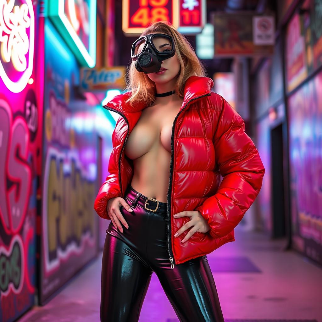 A hot slim girl with big boobs poses confidently in a shiny red tight puffer jacket that highlights her curves