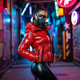 A hot slim girl with big boobs poses confidently in a shiny red tight puffer jacket that highlights her curves