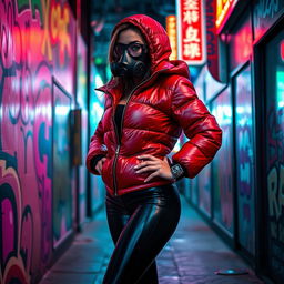 A hot slim girl with big boobs poses confidently in a shiny red tight puffer jacket that highlights her curves