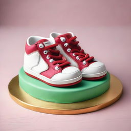 Capture a high-quality, real-life photograph of a meticulously crafted cake, designed to resemble a pair of sneakers