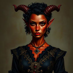 A tall, strong tiefling woman with a sturdy build, embodying a blend of grace and power