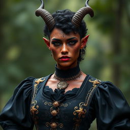 A tall, strong tiefling woman with a sturdy build, embodying a blend of grace and power