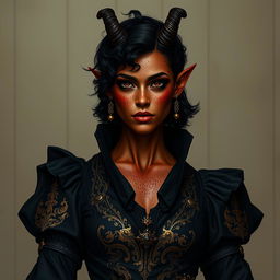 A tall, strong tiefling woman with a sturdy build, embodying a blend of grace and power