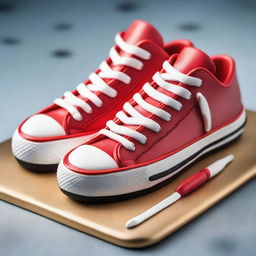 Capture a high-quality, real-life photograph of a meticulously crafted cake, designed to resemble a pair of sneakers