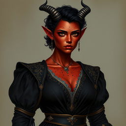 A tall, strong tiefling woman with a sturdy build, radiating both grace and power