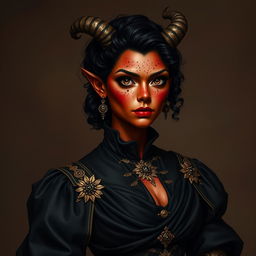 A tall, strong tiefling woman with a sturdy build, radiating both grace and power