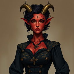 A tall, strong tiefling woman with a sturdy build, radiating both grace and power