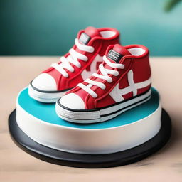 Capture a high-quality, real-life photograph of a meticulously crafted cake, designed to resemble a pair of sneakers