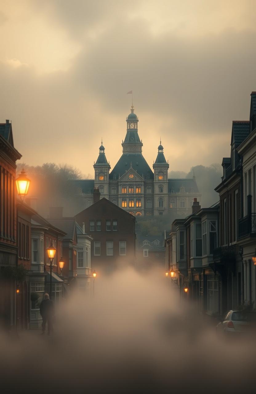 A soft, ethereal glow illuminating a vintage townscape reminiscent of Middletown