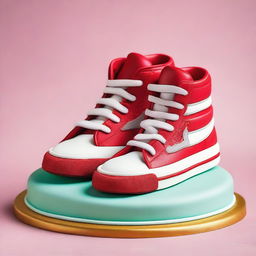 Capture a high-quality, real-life photograph of a meticulously crafted cake, designed to resemble a pair of sneakers