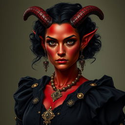 A tall, strong tiefling woman with a sturdy build, exuding both grace and power